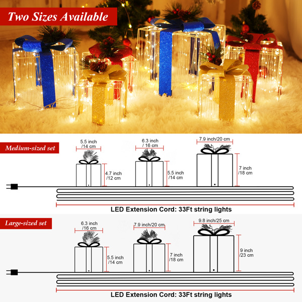  LED Christmas Decoration Present Boxes, Set of 3 Christmas Lighted Gift Boxes Include 33 Feet Fairy Lights, Holiday Decor for Xmas Tree Indoor Outdoor (Blue Red Gold, M)