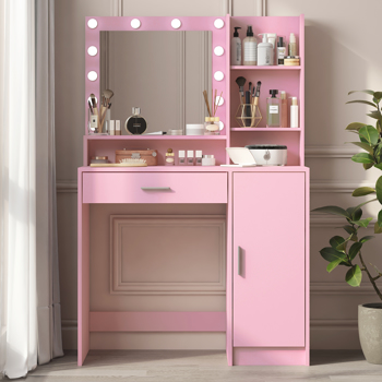 Vanity Desk with Mirror & Light, Large Drawer Three Level Storage Dresser, 3 Lighting Modes Adjustable Brightness, Bedroom Dressing Table(Pink)