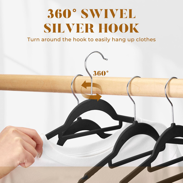 Velvet Hangers - 60PCS Black Space-saving & Non-slip. with Tie Bar and Shoulder Notch. Highly Durable for Suits, Coats, Shirts, Pants and Dresses. Slim Design with 360° Swivel Hook. 