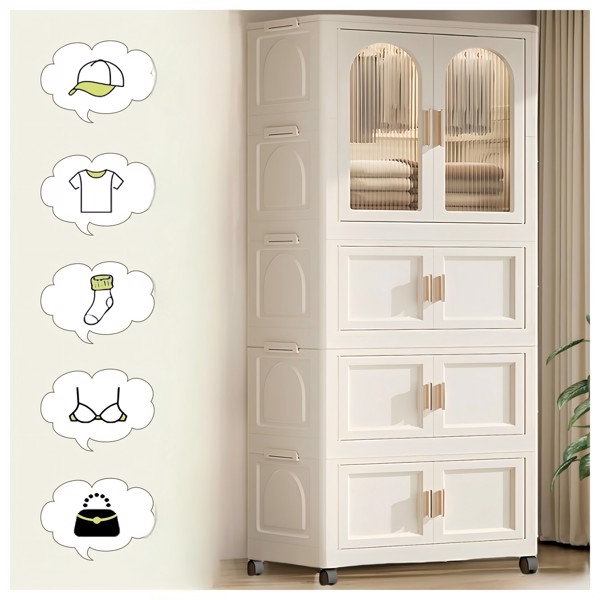 25.59" Side Wide Folding Wardrobe , 25.59"×15.75"×70.87 ", with Magnetic Door, Plastic Storage Cabinet with Wheels(One layer of wardrobe + Three  layers of folding boxes+10 hangers )