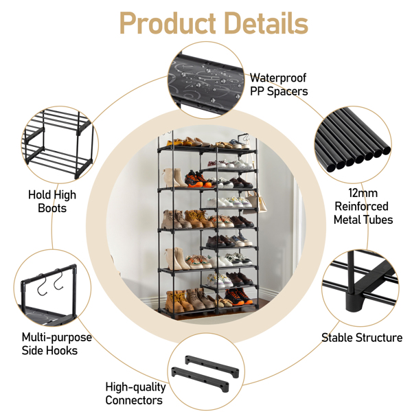 FCH Double row 9 layers with handles Non-woven shoe rack Iron pipe + PP pad + plastic 85.7*29.8*158cm Black