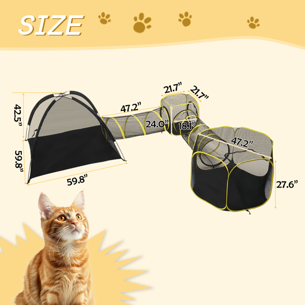 Outdoor Cat Enclosures for Indoor Cats, 5 in 1 Portable Cat Play Tent with Tunnels and Cat Houses for Indoor Outdoor, Cat Playpen Enclosed for Cats Rabbits and Small Animals, Orange