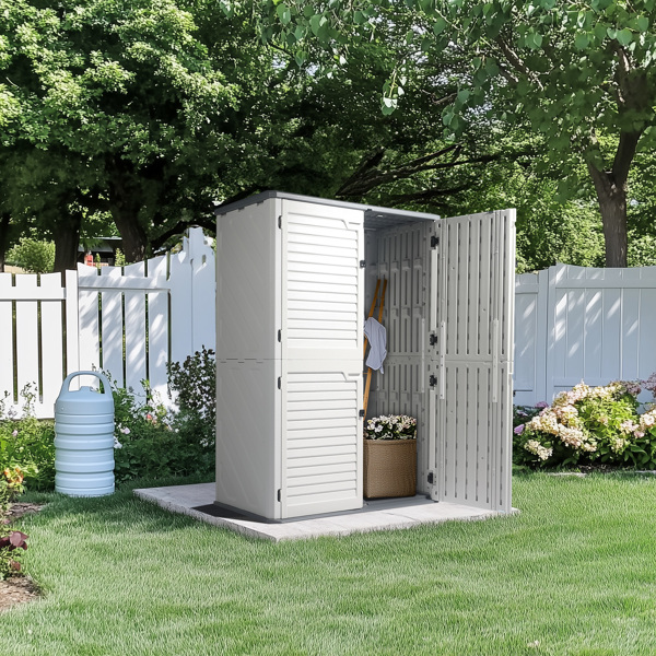 Outdoor Storage Shed with Floor, 50 Cu.Ft Outdoor Waterproof Double-Layer Storage Cabinet for Patio Pool Garage Garden, Gray & White