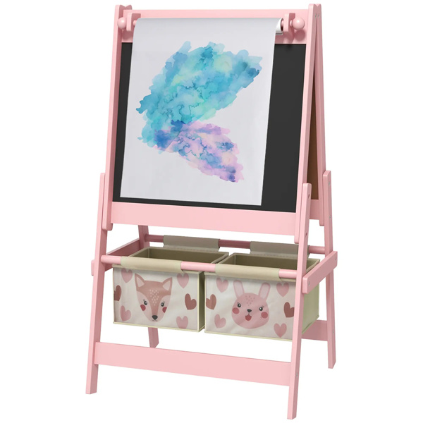 Art Easel  with Paper Roll, Blackboard, Whiteboard, Storage, Pink