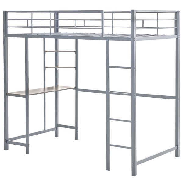 Twin Size Metal Loft Bed with Desk and Storage Shelves, 2 Built-in Ladders & Guardrails, Loft Bed Frame for Teens Juniors Adults, Noise Free, No Box Spring Needed, Grey