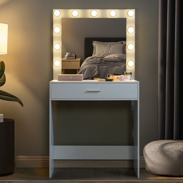 Vanity Desk with Mirror and Lights, Dressing Table with Large Drawer, 1 Level Storage Dresser & 3 Lighting Modes Adjustable Brightness, Suitable for Bedroom(White)