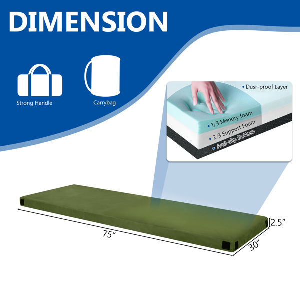 75"D x 30"W x 2.5"H sleeping mat for camping green