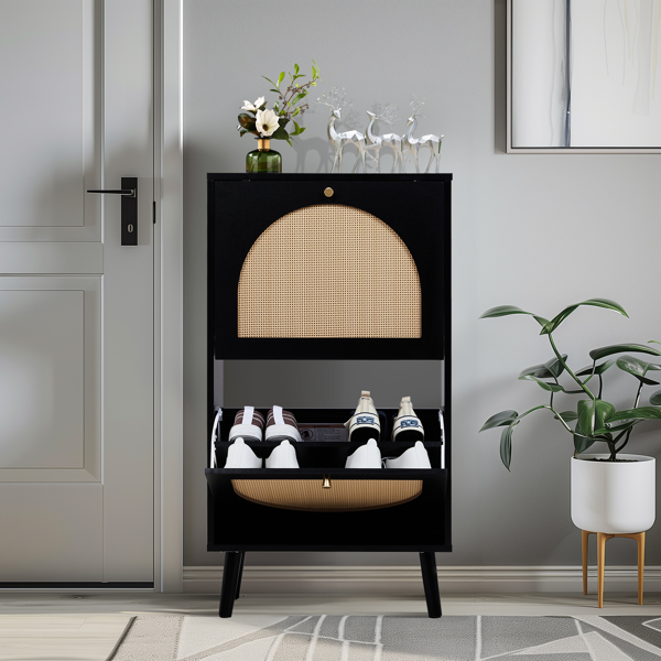 FCH 2 dump buckets with high feet round rattan shoe cabinet particle board + plastic rattan 54*24*98cm black frame + original wood rattan surface + gold high feet