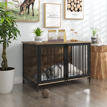 Wooden Dog Crate Furniture Large/Medium Dog, Dog Kennel Furniture Large Breed, Indoor Dog Cage Furniture Style with 2 Doors