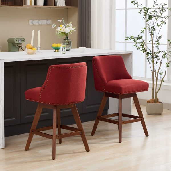 Counter Height Swivel Barstools, 26'' H Seat Height Upholstered Bar Stools Set of 2, Fabric in Wine Red