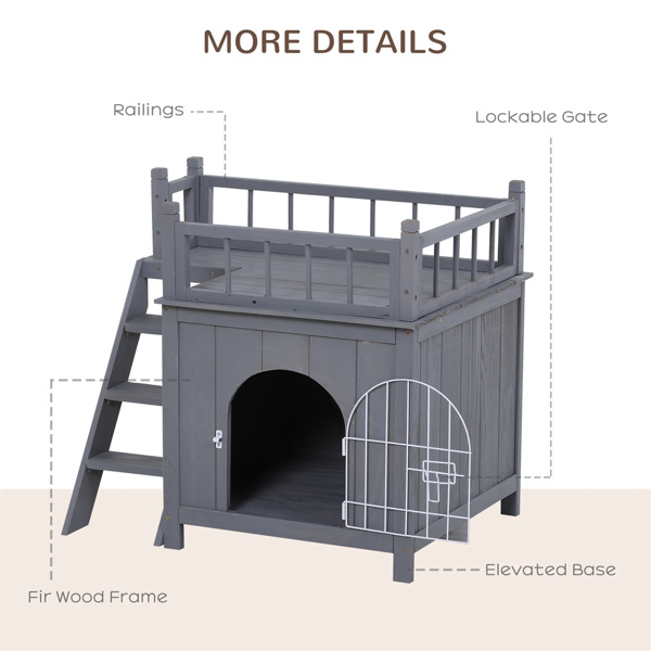 Grey 2-Level Wooden Cat House with Lockable Wire Door 