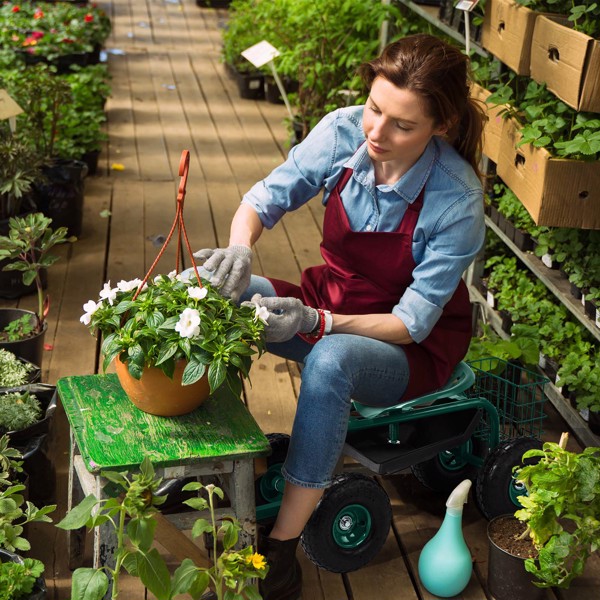 Rolling Garden Work Seat with Wheels, Garden Scooter with 360 Degree Swivel Seat & Extendable Handle & Tool Tray, Gardening Stool for Planting, Green