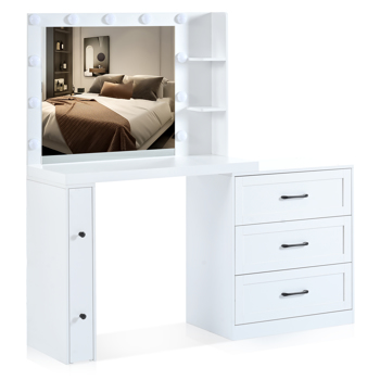 55.2\\" Vanity Desk with Freely Adjustable Side Cabinet, Makeup Vanity with Hollywood Lights, 5 Storage Drawers & 2-shelves, Modern Dressing Table, White（stool not included）