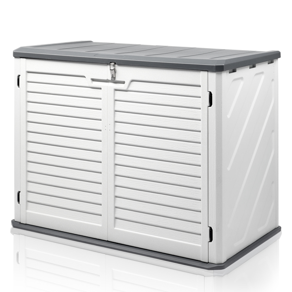  Outdoor Storage Shed, 34 Cu Ft Horizontal Outdoor Storage Cabinet, Lockable Outdoor Storage Box for Garbage Cans, Lawn Mower and Tools, Grey & White