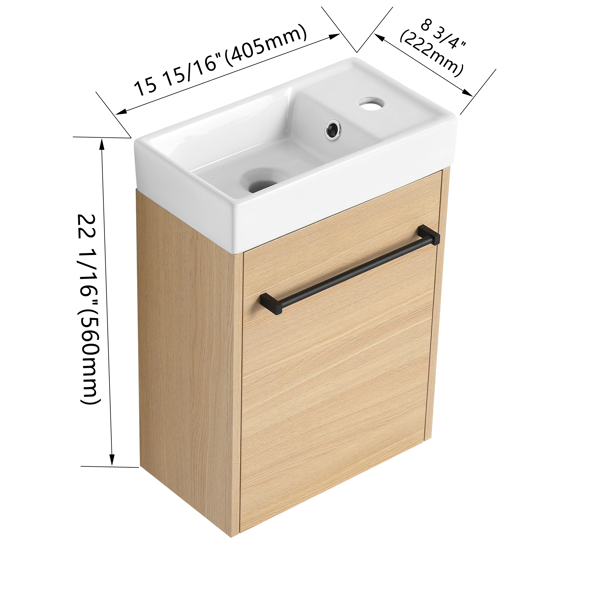 16'' Floating Wall-Mounted Bathroom Vanity with Ceramic Sink & Soft-Close Cabinet Door, For Small Bathroom