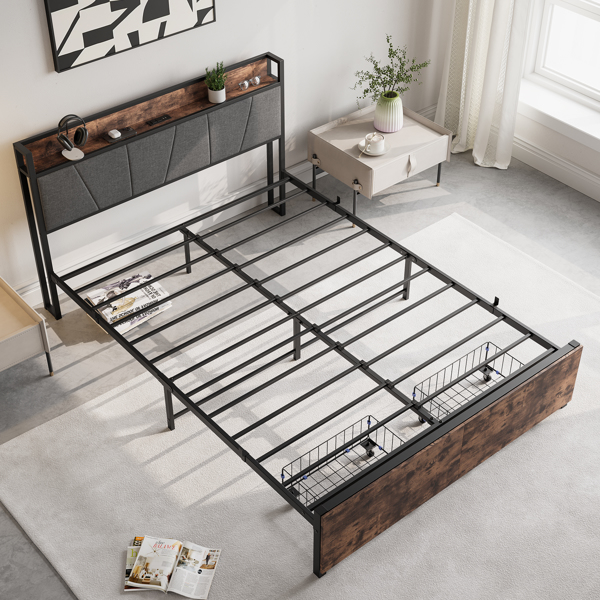 Queen Size Bed Frame, Storage Headboard with Charging Station and 2 Drawers, Solid and Stable, Noise Free, No Box Spring Needed, Easy Assembly, Vintage Brown and Gray