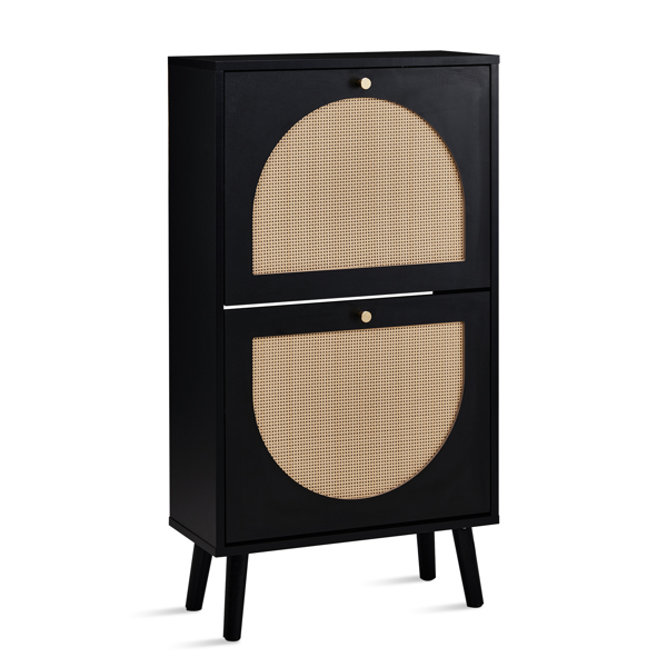 FCH 2 dump buckets with high feet round rattan shoe cabinet particle board + plastic rattan 54*24*98cm black frame + original wood rattan surface + gold high feet