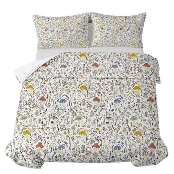 Mushroom Decoration Pattern Duvet Cover Set 3 Pieces Queen Size Soft Bedding Set With 2 Pilowcases with Zipper Closure for Home Bedroom for All Seasons