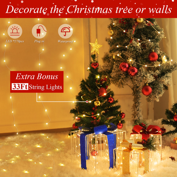  LED Christmas Decoration Present Boxes, Set of 3 Christmas Lighted Gift Boxes Include 33 Feet Fairy Lights, Holiday Decor for Xmas Tree Indoor Outdoor (Blue Red Gold, M)