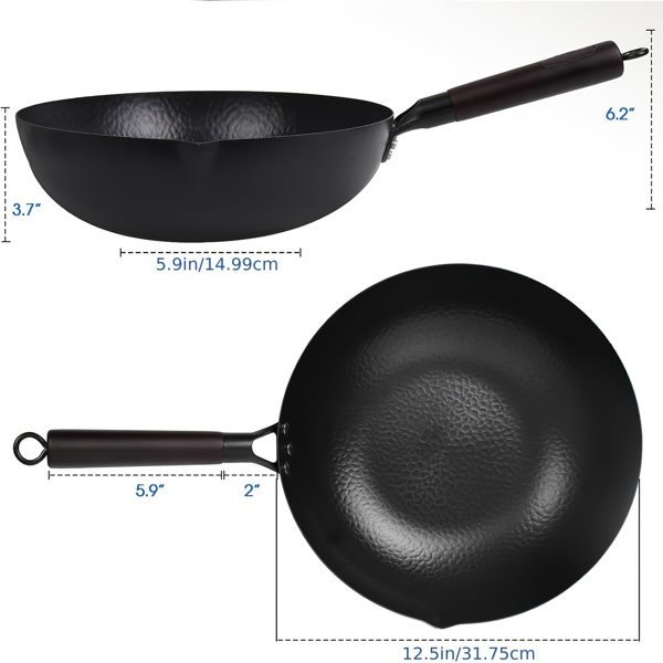 Hammered Carbon Steel 12.5-Inch Wok Pan with Lid, Black, Non-Stick, Compatible with Most Cooktops