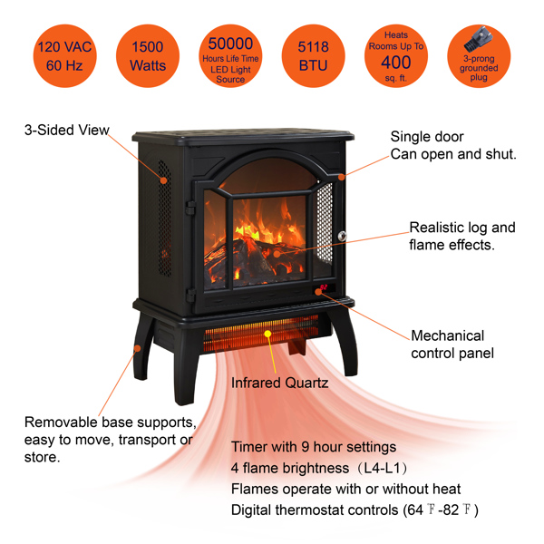 18 inch 3D  Flame Electric Infrared Quartz Fireplace Stove with remote control