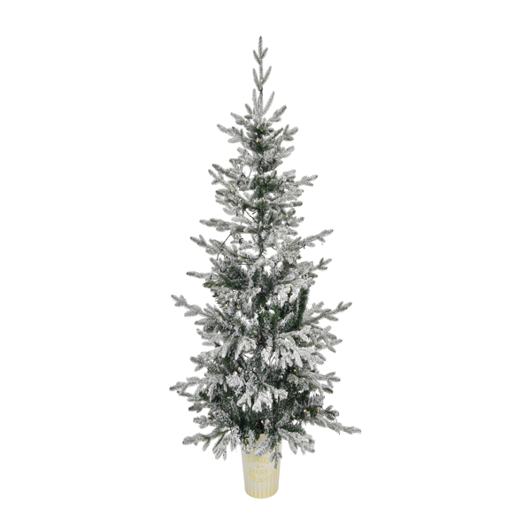 4 FT Snow Flocked Pre-lit Artificial Christmas Tree with Metal Pot Stand, Hinged Xmas Fir Tree with 120 Lights, 249 Branch Tips and Remote Control for Holiday Party Office Home, Snowy Green S001