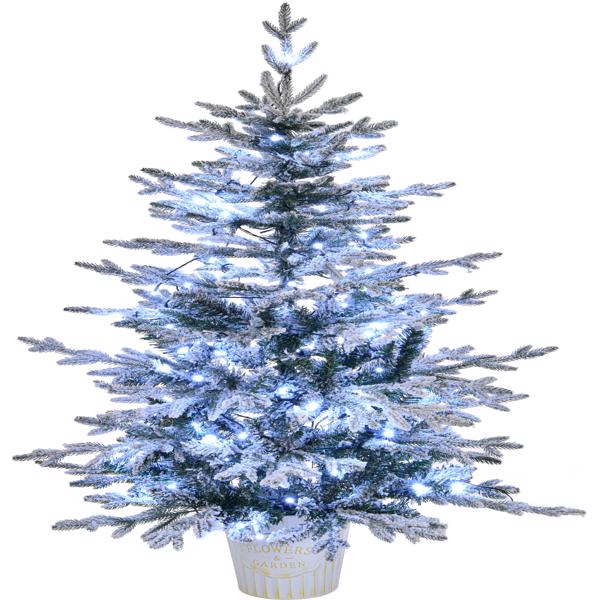 4 FT Snow Flocked Pre-lit Artificial Christmas Tree with Metal Pot Stand, Hinged Xmas Fir Tree with 120 Lights, 249 Branch Tips and Remote Control for Holiday Party Office Home, Snowy Green S001