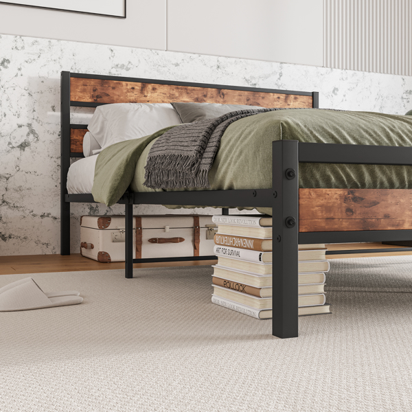 Queen Size Platform Bed Frame with Rustic Vintage Wood Headboard, Strong Metal Slats Support, No Box Spring Needed