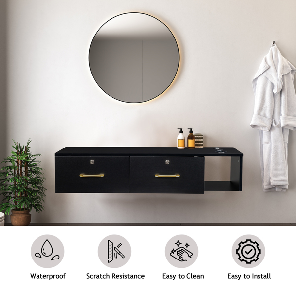 15cm E0 particleboard with hemp surface, two draws and three holes with lock, salon cabinet, black