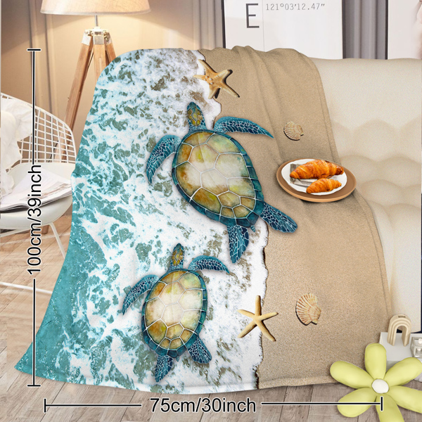 Sea Turtle Flannel Blanket Modern Coastal Ocean Beach Swirls Throw Blanket for Bed Sofa Couch Super Soft Lightweight Blue Ocean Animal Blanket 75*100cm