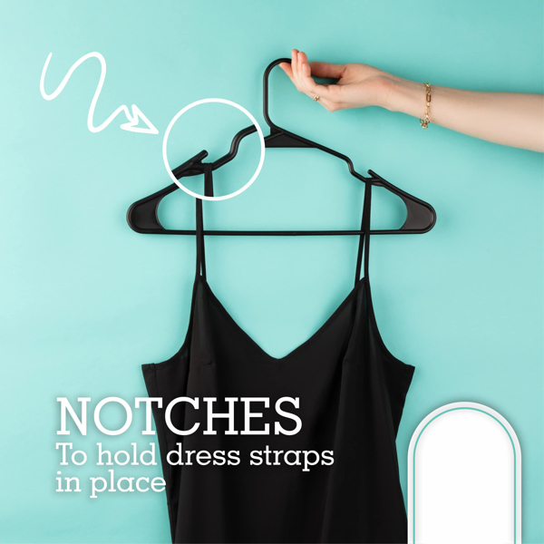 Plastic Hangers - Black. 60PCS Adult clothing hangers. Space-saving, non-slip, durable. With cutouts for closet organization. Suitable for slim coat hangers too. 16.5×9.3 in