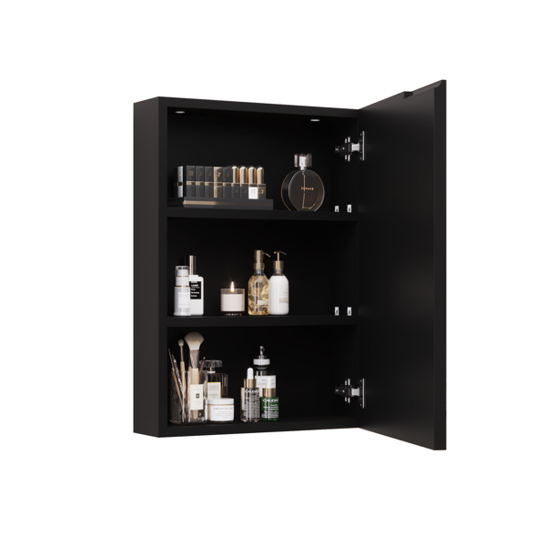 FCH Black Particleboard Acrylic Frame 71*50.8*15cm 1 Door 2 Shelves LED Mirror Cabinet Three Color Tones Adjustable Brightness Power-off Memory Universal for Left and Right Doors