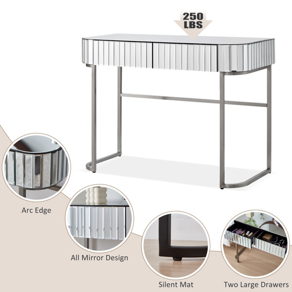 39" Mirrored Makeup Vanity Table with Stainless Steel Base, Mirrored Console Dressing Table with 2 Drawers,Versatile Desk for Bedroom and Office, Silver