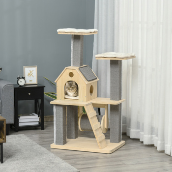 Cat Tree for Indoor Cats with Pillow-Covered Perches, Spinning Toy, Modern Climbing Activity Cat Tower with Scratching Posts, Cat Condo, Ladder, Natural