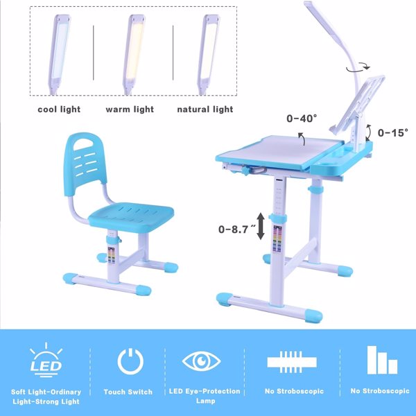 Desk for Kids Desk and Chair Set Kids Art Desk Drafting Table Desk Set with Adjustable Height, 40-Degree Tiltable Children Desktop, LED Light,Bookstand,Blue