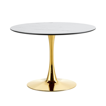 LIVING ROOM DINING TABLE-WHITE ROUND TABLE WITH GOLD LEGS 108 CM IN DIAMETER.