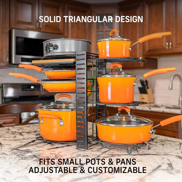 A pot storage rack with 8 layers for pots, bowls, and pans, suitable for kitchen cabinets, cookware storage, and lid storage, upgraded version