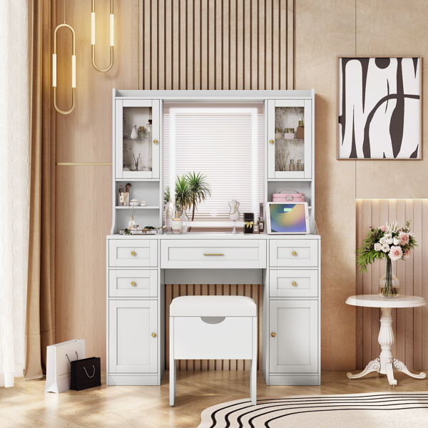 41.4" Makeup Vanity Desk with Mirror and Lights, Makeup Table with 5 Drawers and 4 Cabinets, Dressing Table with Charging Station and Cushioned Storage Stool for Bedroom, White