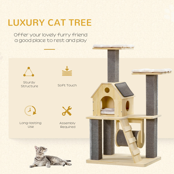 Cat Tree for Indoor Cats with Pillow-Covered Perches, Spinning Toy, Modern Climbing Activity Cat Tower with Scratching Posts, Cat Condo, Ladder, Natural