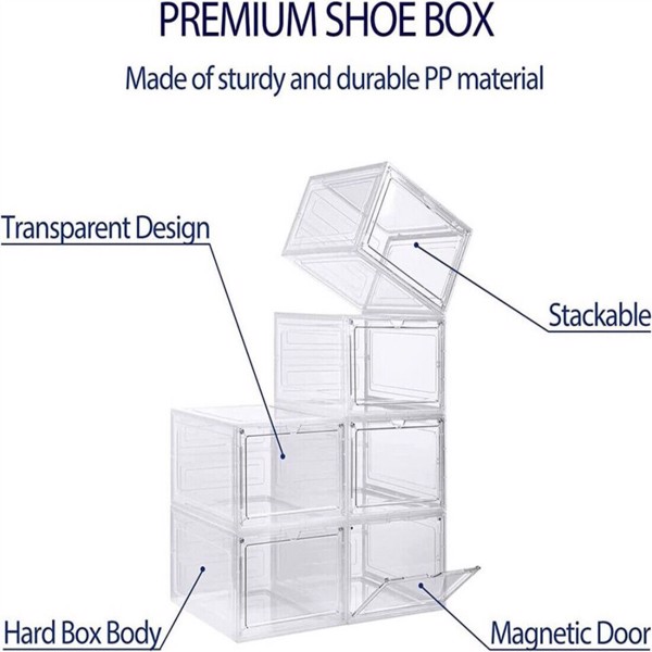 6 Pack Transparent Shoe Storage Boxes Hard Plastic Stackable Shoe Box Organiser