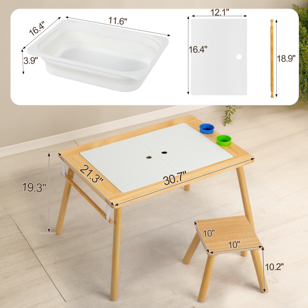 Children's Sensory Table with Stool, Kids Activity Table with 2 Storage Bins & 2 Pen Holders & Paper Roll, Multifunction Toddler Table for Play Study Dining Reading Arts Crafts, Wood