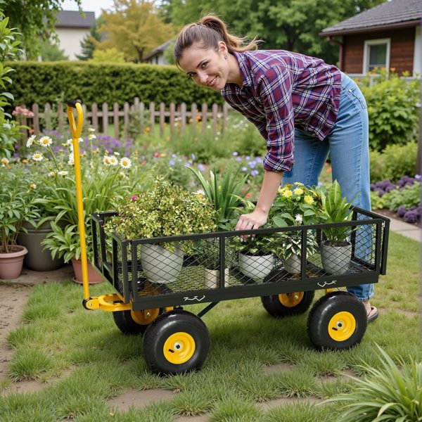 500 Lbs Sturdy Steel Structure Garden Cart, 2-in-1 Multi-functional Four-wheel Cart With Removable Side Panels, Convertible To Flatbed, 240° Rotating Handle And 10-inch Pneumatic Tires