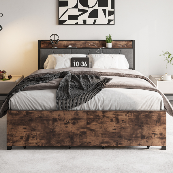 Queen Size Bed Frame, Storage Headboard with Charging Station and 2 Drawers, Solid and Stable, Noise Free, No Box Spring Needed, Easy Assembly, Vintage Brown and Gray