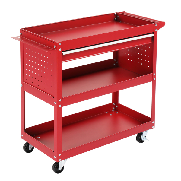 3-Tier Rolling Tool Cart, Metal Heavy Duty Utility Cart on Wheels with Pegboard & Drawer & 4 Hooks, 330 lb Load Large Storage Capability Tool Cart for Garage Warehouse Repair Shop, Red