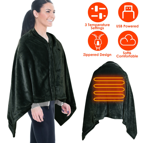 USB Heated Blanket Electric Heated Blanket Heated Poncho Shawl Wrap Throw with Zipper Washable for Home Office 59*31in