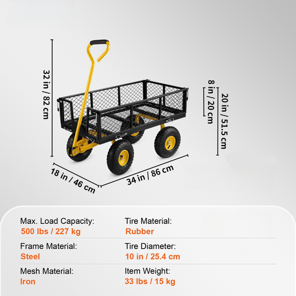 500 Lbs Sturdy Steel Structure Garden Cart, 2-in-1 Multi-functional Four-wheel Cart With Removable Side Panels, Convertible To Flatbed, 240° Rotating Handle And 10-inch Pneumatic Tires