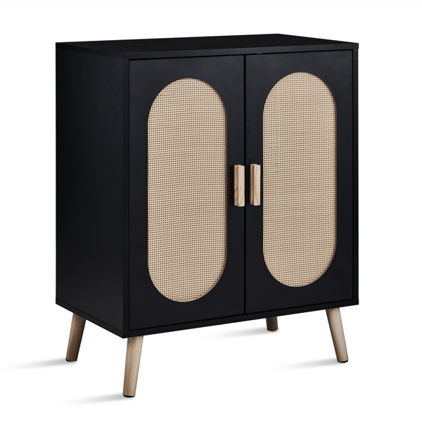 FCH 2-door vertical shoe cabinet particle board + plastic rattan black frame + original wood rattan surface + gold high feet