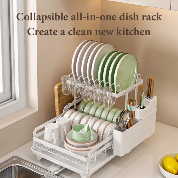 2-Tier Dish Drying Rack, Kitchen Dish Rack, Space-Saving and Durable, with Drainer Board and Utensil/Cutting Board Holder, for Kitchen Countertop, with Utensil Holder, Cup Holder and Drainer Board