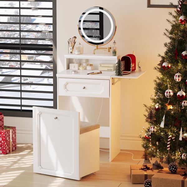 White Makeup Vanity Desk  with Round Mirror and Lights, 2 in 1 Nightstand, Dressing Table with a Chair