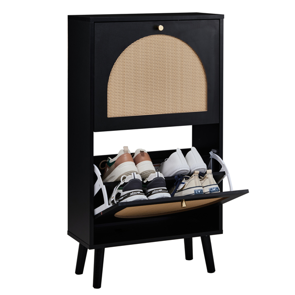 FCH 2 dump buckets with high feet round rattan shoe cabinet particle board + plastic rattan 54*24*98cm black frame + original wood rattan surface + gold high feet